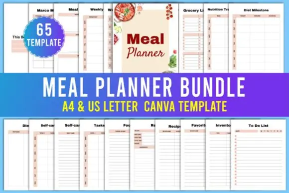 Meal Planner Bundle Canva Templates, Editable Weekly Meal Plan and Grocery List, Nutrition Tracker, Food Diary, Kitchen Inventory Planner, Printable Meal Prep Binder