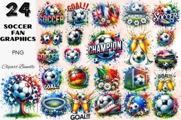 Soccer Fan Graphics Clipart Football Set – 24 Colorful Soccer PNG Illustrations for Stickers, T-Shirts, Cards, Scrapbooking, Wall Art, Party Decor, and Sports-Themed Creative Projects