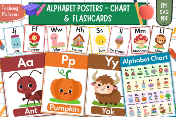 Alphabet Posters Chart and Flashcards Printable for Kids – Preschool and Kindergarten ABC Wall Decor, Phonics Learning Cards, Early Literacy Classroom Worksheets and Homeschool Educational Set