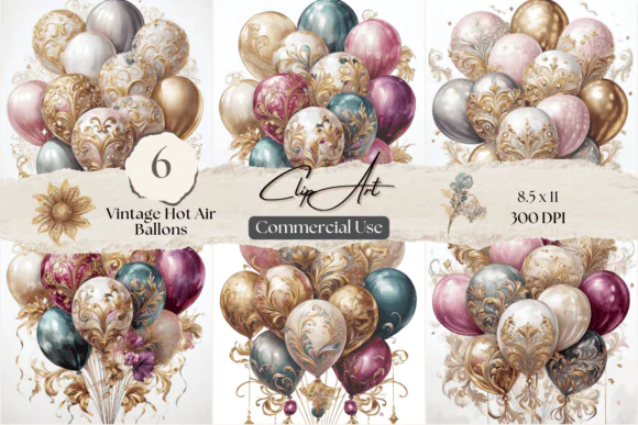 Vintage Hot Air Balloon Graphics Bundle – Nostalgic Balloon PNG Clipart Set for Invitations, Wall Art, Scrapbooking, Printable Decor, Junk Journals, Sublimation, and Creative Digital Design Projects