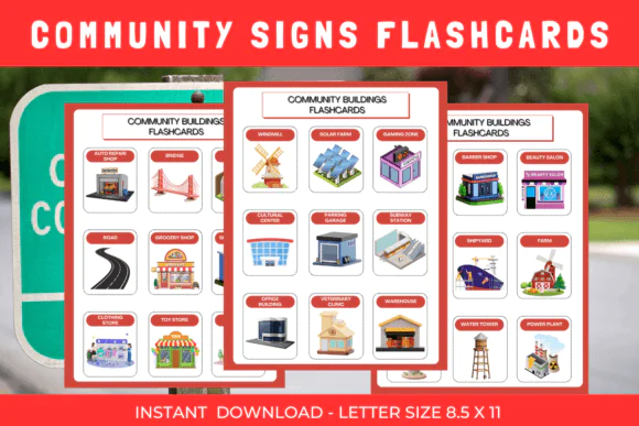 Community Signs Flashcards Printable for Kids – Safety Signs Learning Cards, Preschool & Kindergarten Educational Worksheets, ESL Vocabulary Builder, Real-World Literacy Activity Set