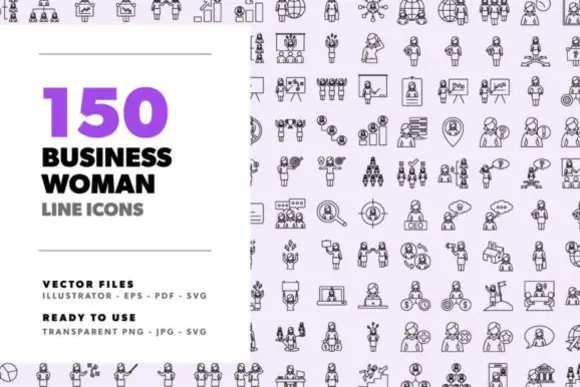 150 Business Woman Line Icons Vector Pack – Editable Professional Female Office and Corporate Icon Set for Websites, Apps, Presentations, Print Design and Branding Projects