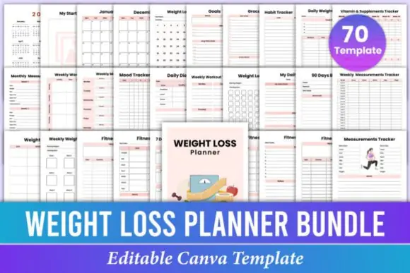 Weight Loss Planner Bundle Canva Template, Editable Fitness and Nutrition Planner, Workout Log, Meal Planner, Habit Tracker, Printable Wellness Journal, KDP Ready