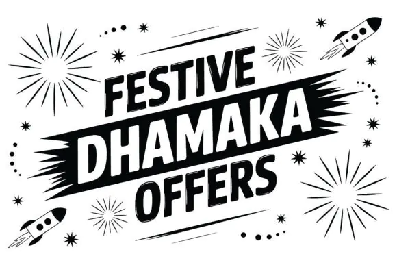 Festive Dhamaka Offers Sale Promotion Vector Design | Rockets, Fireworks & Celebration Discount Graphic with EPS & JPG Files for Festival Sales, Posters, Flyers, Ads & Marketing Campaigns