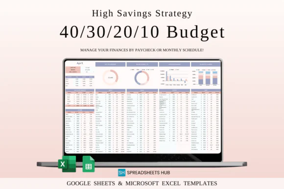 40/30/20/10 Budget Spreadsheet Template, High Savings Strategy Planner, Google Sheets & Excel Personal Finance Tracker, Needs Wants Savings and Debt Repayment Budget Worksheet