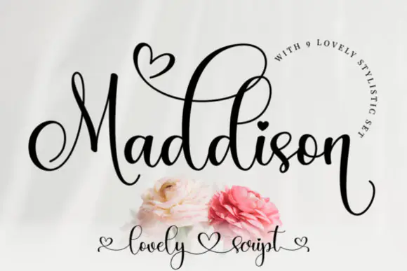 Maddison Romantic Calligraphy Font – Sweet Elegant Script Typeface with Swashes & Glyphs for Wedding Invitations, Logos, Branding, Greeting Cards, Quotes, Packaging & Feminine Designs
