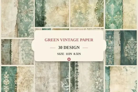 Vintage Green Damask Grunge Digital Paper Bundle | Antique Floral Wallpaper Textures | Shabby Chic Scrapbook Backgrounds | Distressed Printable Papers for Junk Journals, Decoupage & Crafts