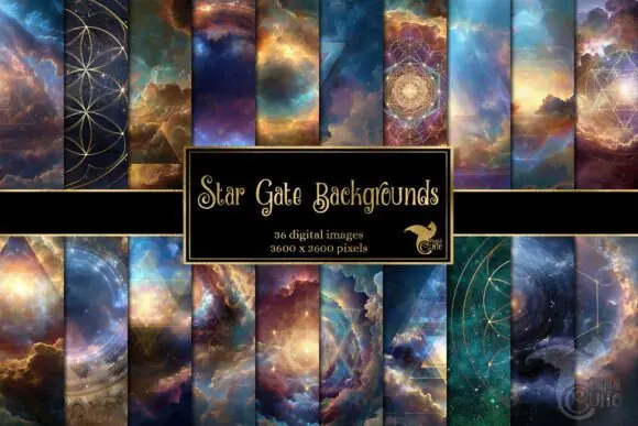 Stargate Cosmic Backgrounds Bundle – 36 Sacred Geometry Galaxy Digital Papers, Spiritual Portal Art Textures, Mandala Space Backgrounds, Mystical Celestial Scrapbook Paper Pack, 12x12 JPG 300 DPI