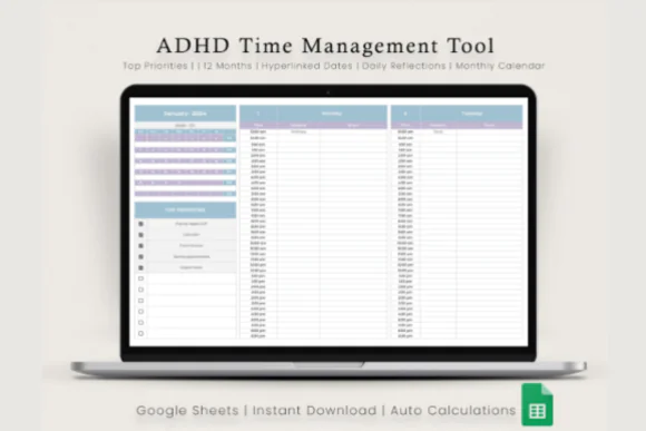 ADHD Time Management Tool for Google Sheets – Editable ADHD Planner, Time Blocking Schedule, Color-Coded Daily Routine Organizer, Habit Tracker, Goal Planner, Streak Calculator & Productivity Spreadsh