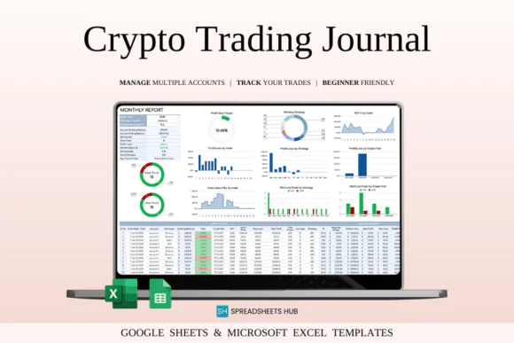 Crypto Trading Journal Template for Google Sheets & Excel – Cryptocurrency Trade Log, Profit Loss Tracker, Strategy Performance Report, Ticker Analysis Dashboard, Smart Calendar, Position Calculator &