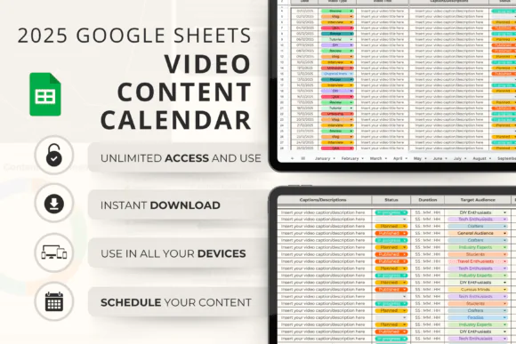 Google Sheets Video Content Calendar 2025 | YouTube & Social Media Video Planner Spreadsheet | Editable Video Production Schedule for Creators, Marketers, Agencies & Businesses