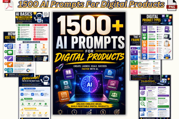 1500+ AI Prompts for Digital Products Ebook & Worksheet Bundle | ChatGPT Prompt Guide for Etsy, KDP & Online Business | Canva Editable AI Prompt Workbook