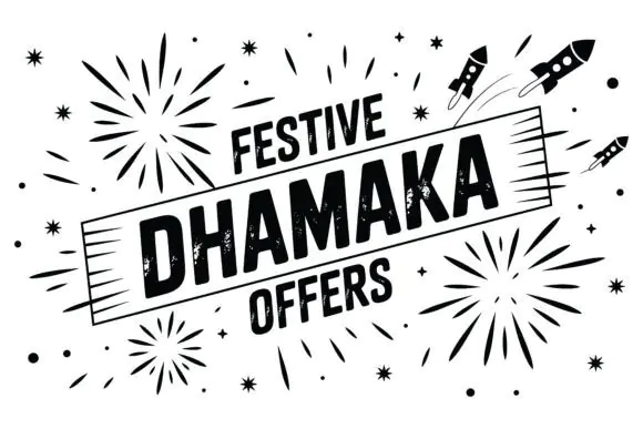 Festive Dhamaka Offers with Rockets and Fireworks Vector Design | Celebration Sale Announcement Graphic with EPS & JPG Files for Festival Discounts, Promotional Banners, Posters, Flyers