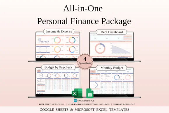 All-in-One Personal Finance Package – Excel & Google Sheets Budget Planner Bundle, Debt Payoff Tracker, Income and Expense Spreadsheet, Monthly Budget Dashboard, Budget by Paycheck Tool & Money Manage