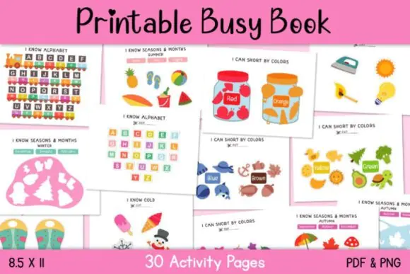 Printable Busy Book for Toddlers & Preschoolers | 30 Interactive Learning Activities | Alphabet, Colors, Matching, Sorting & Cut-and-Paste Worksheets | Montessori-Inspired Educational PDF Bundle