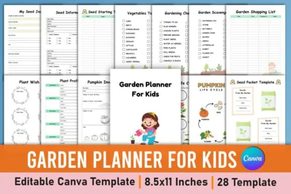 Editable Garden Planner for Kids Canva Interior, Printable Kids Gardening Journal, Seed Journal, Planting Tracker, Plant Life Cycle Worksheet, Harvest Log, Garden Scavenger Hunt, KDP PDF PNG JPG Templ