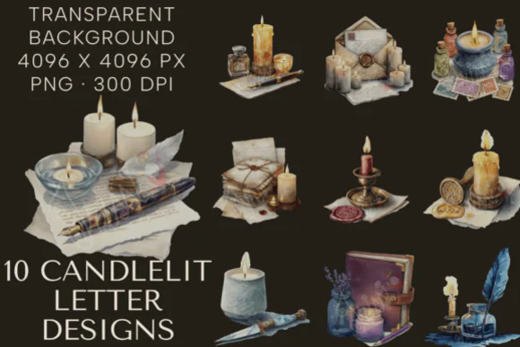 Watercolor Vintage Candle Correspondence Clipart Bundle | Antique Letter Writing PNG Collection | Quill Pen, Wax Seal, Inkwell & Candle Graphics | Dark Academia Junk Journal Elements | Commercial Use