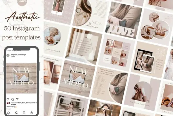 50 Aesthetic Instagram Post Templates Pack | Editable Canva Social Media Templates for Bloggers, Brands, Creators, Coaches, Small Businesses & Instagram Marketing