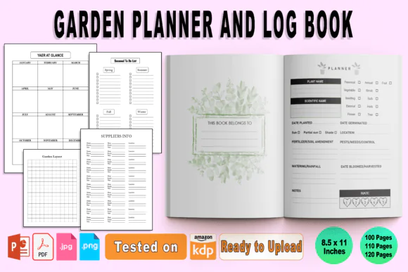 Garden Planner Log Book KDP Interior | Editable Gardening Journal Template | 8.5x11 Printable Garden Planner with Layout Pages, Monthly Calendars, Plant Care Sheets, Seasonal To-Do Lists & Shopping Tr