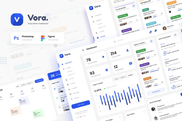 Vora SaaS Admin Dashboard UI Kit – Modern Figma & PSD Admin Panel Template for Project Management, CRM, Team Collaboration, Kanban Board, Calendar & Messaging Web Applications