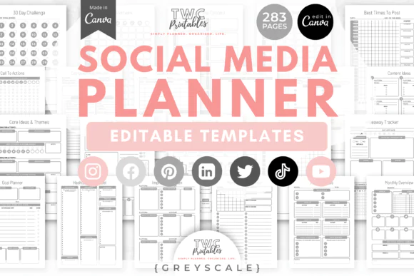 Social Media Planner Canva Templates Bundle | 283 Editable Greyscale Content Planner Pages for Instagram, Facebook, Pinterest, Twitter/X, LinkedIn, TikTok & YouTube