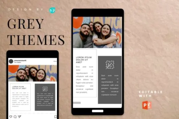 Grey Instagram Story & Feed PowerPoint Templates – 12 Editable Modern Social Media Slides, Elegant Instagram Branding Kit, Fashion Beauty Photography Business Templates, PPTX Story & Square Feed Desig