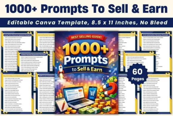 1000+ Prompts to Sell & Earn – AI Prompt Guide for Digital Sellers, Etsy, KDP, POD, Canva, Shopify, Product Ideas, Copywriting, Marketing, Branding & Online Income Growth | 60-Page PDF, PNG & JPG Digi