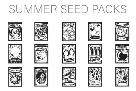 Summer Seeds Dingbats Font | Vintage Seed Packet Illustration Typeface for Gardening Blogs, Pantry Labels, Farmer’s Market Signs, Botanical Branding & Summer Designs