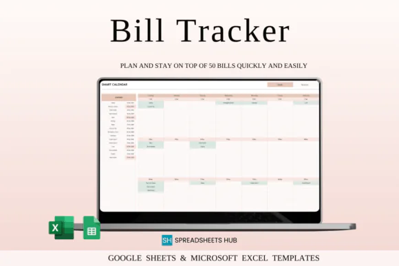 Bill Tracker Calendar Spreadsheet Template – Elegant Excel & Google Sheets Bill Payment Organizer, Monthly Expense Calendar, Due Date Tracker, Paid Pending Bill Checklist & 10-Year Budget Planner