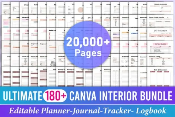 Ultimate 180+ Canva KDP Interior Bundle – Editable Planner Templates, Printable Journal Interiors, Business Planners, Wellness Workbooks, Budget Trackers, Kids Activities & Low Content Book Templates