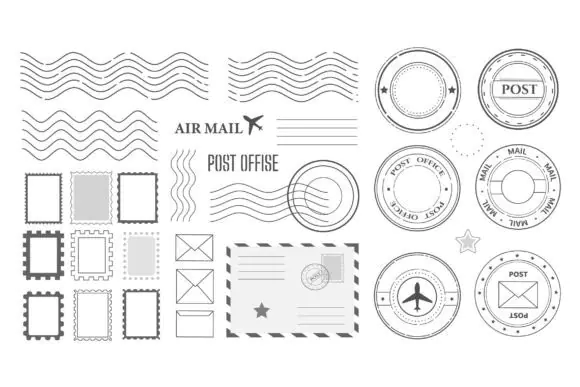Vintage Grunge Postage Stamp Bundle – Retro Postal Marks, Airmail Stamps, Postmarks, Shipping Labels, Distressed Mail Elements, PNG SVG Vector Collection for Scrapbooking & Design