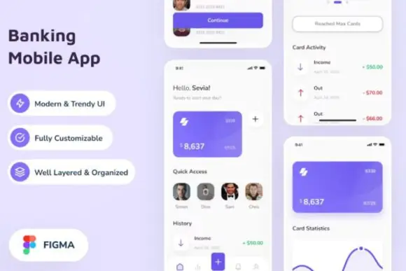 Banking Mobile App UI Kit for Figma – Modern Fintech Dashboard, Mobile Banking UX Design, Digital Wallet Interface, Finance App Template, iPhone X UI Screens