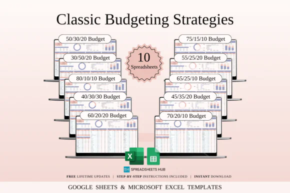Classic Budgeting Strategies Spreadsheet Bundle – Excel & Google Sheets Budgeting Methods Toolkit, 50/30/20, 45/35/20, 70/20/10, 60/20/20, 40/30/30 & 10 Budget Planner Templates