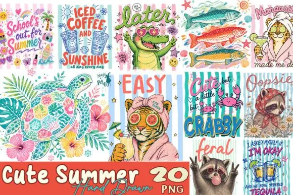 Cute Summer Hand Drawn Bundle PNG, Fun Beach & Vacation Sublimation Graphics, Trendy Summer Clipart Set, Cute Hand Drawn Illustration Bundle for Crafts