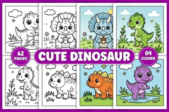 Cute Dinosaur Coloring Book for Kids | 62 Printable Dinosaur Coloring Pages for Toddlers & Preschoolers | KDP Interior Bundle with JPG PNG PDF EPS SVG Files