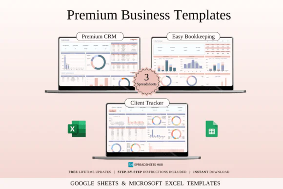 Premium Business Templates Bundle – Excel & Google Sheets Business Essentials Toolkit, CRM & Sales Pipeline Tracker, Bookkeeping Spreadsheet, Client Project Organizer, Small Business Dashboard & Freel