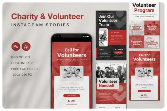 Charity and Volunteer Instagram Story Templates – 5 Editable Nonprofit Social Media PSD Designs, Community Organization Story Graphics, Volunteer Campaign Templates, Fundraising Promotion Instagram St
