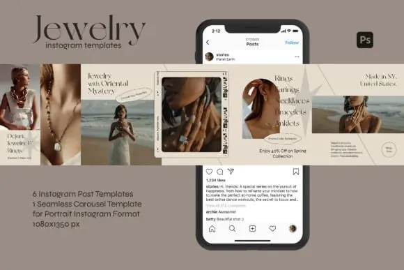 Jewelry Instagram Post Carousel Templates | 6 Premium Editable PSD Social Media Posts + Swipeable Carousel for Jewelry Brands, Boutiques & Luxury Product Promotions