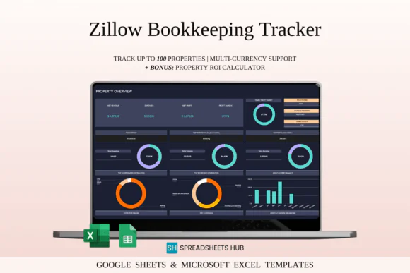 Zillow Bookkeeping Tracker in Excel & Google Sheets – Rental Property Income and Expense Tracker, Airbnb Host Finance Spreadsheet, ROI Calculator, Tax Report, 5-Year Forecast Dashboard & Property Mana
