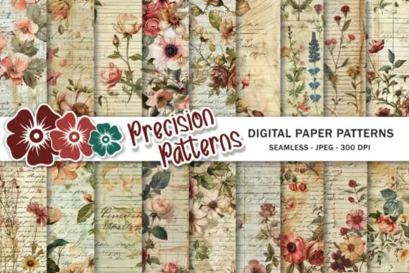 Vintage Floral Junk Journal Digital Paper Bundle – Antique Flower Letters Backgrounds, Shabby Chic Ephemera Papers, Printable Scrapbooking Sheets, Victorian Journal Pages, 18 JPG Textures