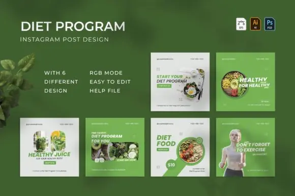 Diet Program Instagram Post Templates | 6 Editable Fitness, Nutrition & Wellness Social Media Designs in AI, EPS & PSD Format for Coaches, Gyms & Health Brands