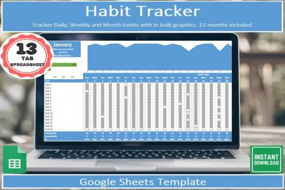 Habit Tracker Template for Google Sheets – Daily Habit Tracker, Weekly & Monthly Goal Planner, Productivity Checklist, Custom Habit Spreadsheet, Progress Graphs & Streak Tracker