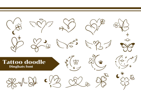Tattoo Doodles Dingbat Font | Whimsical Mini Tattoo Illustration Typeface for Flash Tattoos, Stationery, Branding, Planners, Greeting Cards & Social Media Designs