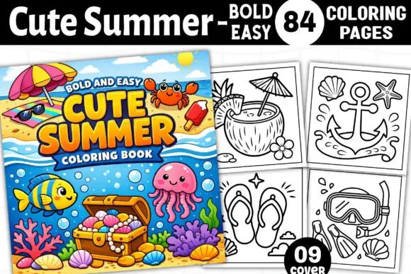 Bold Easy Cute Summer Coloring Pages – 84 Printable Summer-Themed Coloring Sheets for Kids & Adults | Kawaii PDF PNG JPG SVG EPS Coloring Book Bundle