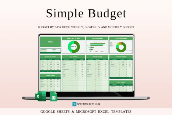 Budget Planner Template in Excel & Google Sheets – Green Theme Personal Finance Tracker, Monthly Weekly Biweekly Budget Spreadsheet, Income Expense Organizer, Bill Debt Savings Tracker & Goal Planner