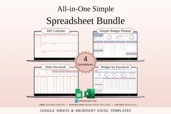 All-in-One Simple Finance Spreadsheet Bundle for Google Sheets & Excel, Monthly Budget Planner, Bill Calendar, Debt Snowball Tracker, Budget by Paycheck Template, Personal Finance Organizer for Beginn