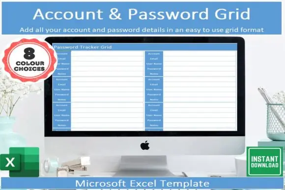 Printable Password Tracker Grid Excel Template – Simple Account & Login Details Organizer, Print-Friendly Password List Spreadsheet, 8 Color Tabs, Account Information Tracker & Microsoft Excel Passwor