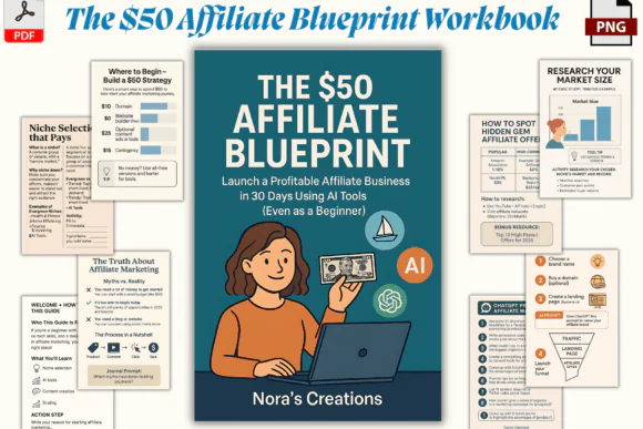 Affiliate Marketing Guide + Workbook | AI-Powered Affiliate Blueprint for Beginners | Printable 21-Page PDF & PNG Workbook with Checklists, Funnels, Trackers, Prompts & 30-Day Content Plan