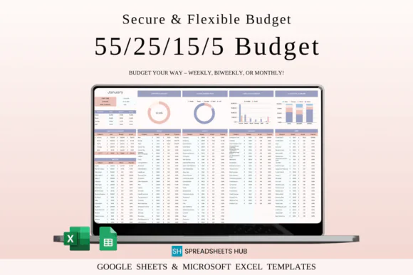 55/25/15/5 Budget Spreadsheet Template, Secure & Flexible Budget Planner, Google Sheets & Excel Personal Finance Tracker, Essentials Lifestyle Savings and Debt Repayment Worksheet