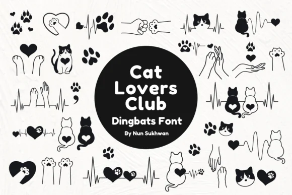 Cat Lovers Club Dingbat Font | Cute Feline Icon Typeface for Cat Stickers, Pet Boutique Branding, Veterinary Graphics, Social Media Posts, Apparel Patterns & Cat Lover Designs